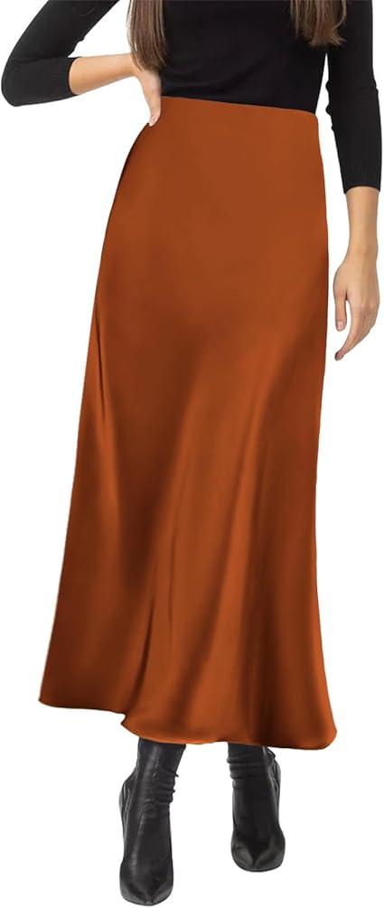 Amy Babe Women's Satin Silky High Waist Maxi Skirt Elegant Elastic Waistband A Line Long Skirts XL