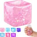 Ice Cube Squishy Fidget Toy, Slow Rise Squeeze Sensory Toy Stress Ball for Office Desk Anxiety Relief, Focus & Calm Novelty Gift for Teens - Pink Glitter