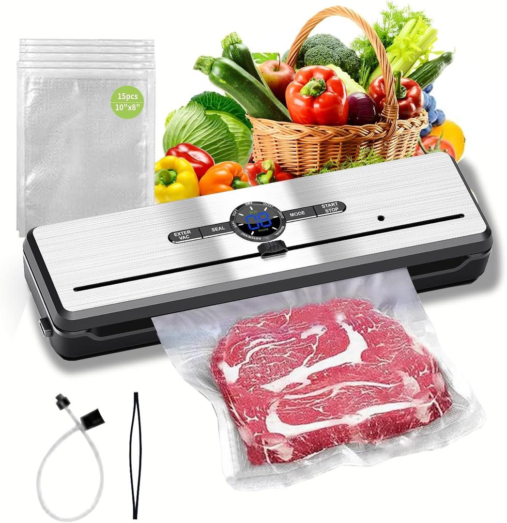 Vacuum Sealer, 70KPA Powerful Pro Food Saver Vacuum Sealer Machine, Full Automatic with Double Heat Seal, Liquid, Wet, Dry Modes with External Vacuum System, Built in Cutter & 15 Vacuum Bags