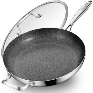 14-Inch Nonstick Hybrid Frying Pan with Lid, Ceramic Coated Tri-Ply Stainless Steel Induction Chef's Pan, Large Skillet, PFOA Free, Oven & Dishwasher Safe for All Stoves, Detachable Handle