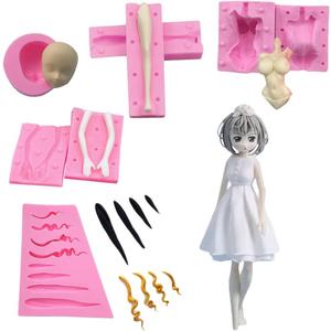 3D Doll Body Leg Arm Face Head Silicone Mold Q Version Dolls Model Fondant Craft Clay Resin Mould DIY Cake Decorating Supplies Baking Tool (5PCS)