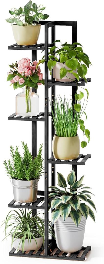 ROSSNY 48 Inch Tall Plant Stand Indoor, 6 Tier 7 Potted Bamboo Plant Stands for Indoor Plants, Corner Plant Stand, Tiered Plant Stands, Plant Shelf For Indoor, Planter Holder for Multiple Plants Indoor, Black