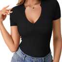 Rooscier Women's Notch V Neck Ribbed Knit Slim Fit Short Sleeve Basic T Shirts Blouse Tops (Black, M)
