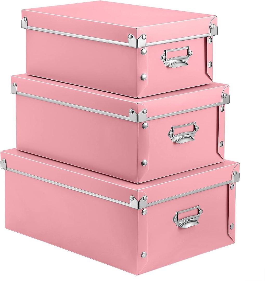 SEEKIND Storage Box, Decorative Storage Bins with Lid,3 in 1 Set,Plastic,with Handles,Press-Stud Fastening,Moisture-proof,Foldable for Space Saving Storage,for Clothes,Cosmetic,Blankets (Pink)
