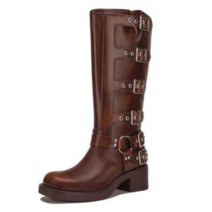 Athlefit Women's Knee High Riding Boots Fashion Buckle Square Toe Chunky Heel Wide Calf Biker Brown Boots Size 5.5, Missing Boots