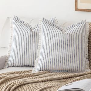 Throw Pillow Covers 20x20 Set of 2 Striped Fringe Pillow Cover Farmhouse Cushion Covers with Tassel Neutral Boho Pillows Decorative Square Pillowcase for Couch Sofa Bed, Blue