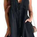yoeasy Women's Sleeveless V Neck Shorts Denim Romper Tie Front Ruffle Cute Loose Jean Short Overalls with Pockets (Large, Black)