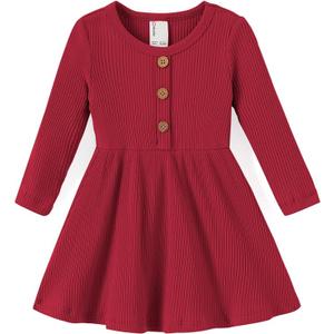 PATPAT Baby Girl Long Sleeve Cotton Dress for Holiday Photos, Burgundy, 3-6 Months