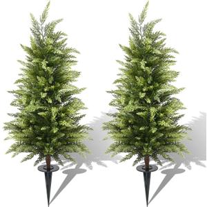 3FT Artificial Cedar Topiary Trees Set of 2, Real Touch & Dual-Tone Faux Cypress with Ground Spike, UV Resistant Realistic Fake Evergreen Shrubs for Indoor Outdoor Garden, Porch, Office Decor