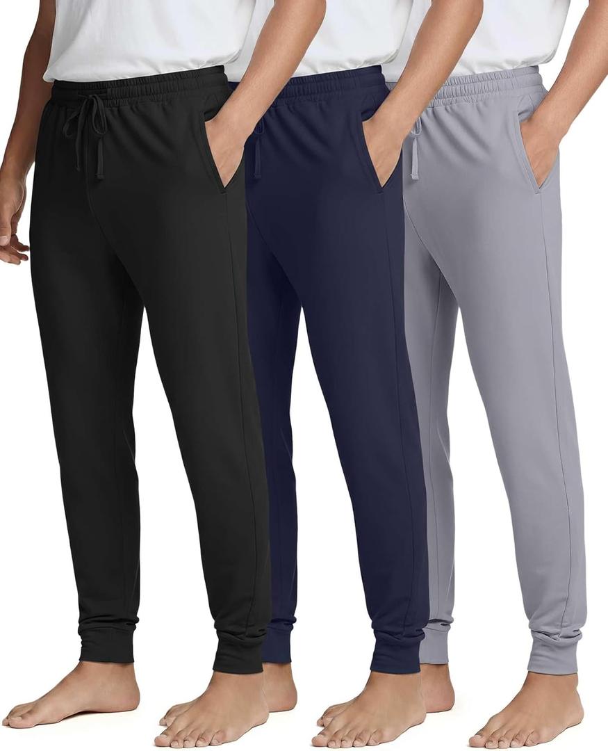 Real Essentials 3 Pack: Men's Soft Lounge Sleep Joggers - Pajama Pants Drawstring & Pockets (Available in Big & Tall) (L)