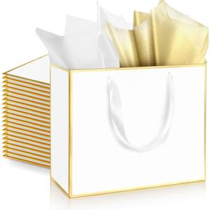 ReliThick 12 Pack Metallic Paper Gift Bag with Handles and Tissue Paper 11.8 x 10 x 4'' Thank You Favor Bag for Father's Day Wedding Bridesmaid Groomsmen 5 Senses Birthday Gifts(White, Gold)