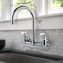 COOLWEST Commercial Wall Mount Faucet 8 Inch Center with 8" Gooseneck Swivel Spout, 2 Handles Heavy Duty Brass Kitchen Sink Faucet, Chrome Finish