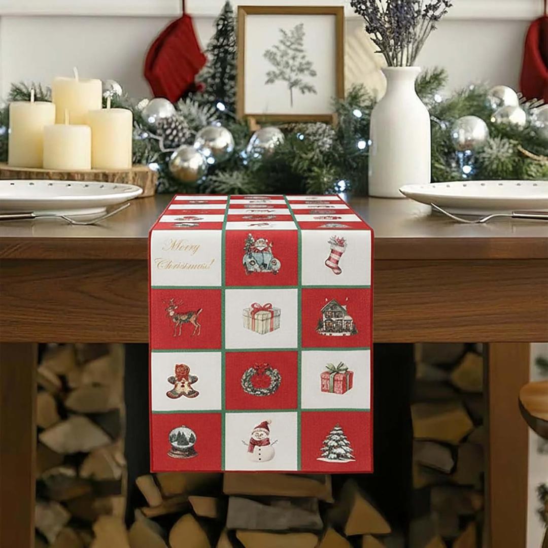 3 x OWENIE Christmas Table Runner, Vintage Style Christmas Table Decor with Classic Holiday Elements, 1336 Inch Linen Table Runner for Christmas Dinner, Party, Home Decor