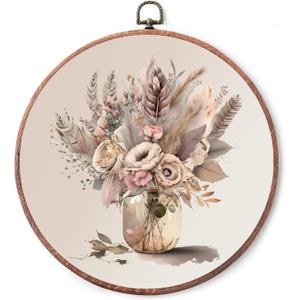 Flower Vintage Round Art Wall Hanging, Iron hanging eyelet, Modern Living Room Wall Decor, Medieval Framed Artwork Canvas Print, For Home Bedroom Rustic Farmhouse Decoration - A15