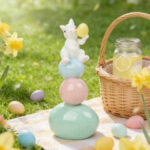 Easter-Decorations - Cute Bunny Decor - Rabbit Figurine - Table Centerpiece - Spring Rabbit Sitting Egg Tower Figure Bunny Sulpture for Indoor Home Farmhouse Decor 4.25*3.25*10 in Newman House Studio