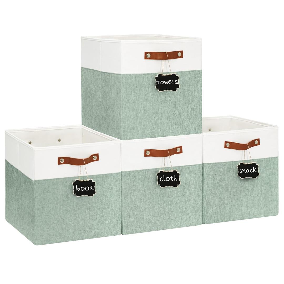 13x13 Storage Cubes 4-Pack, Large Foldable Fabric Cube Storage Bin with Reinforced Bottom and Labels, Organizer Baskets for Shelves, Closets(White/Green)