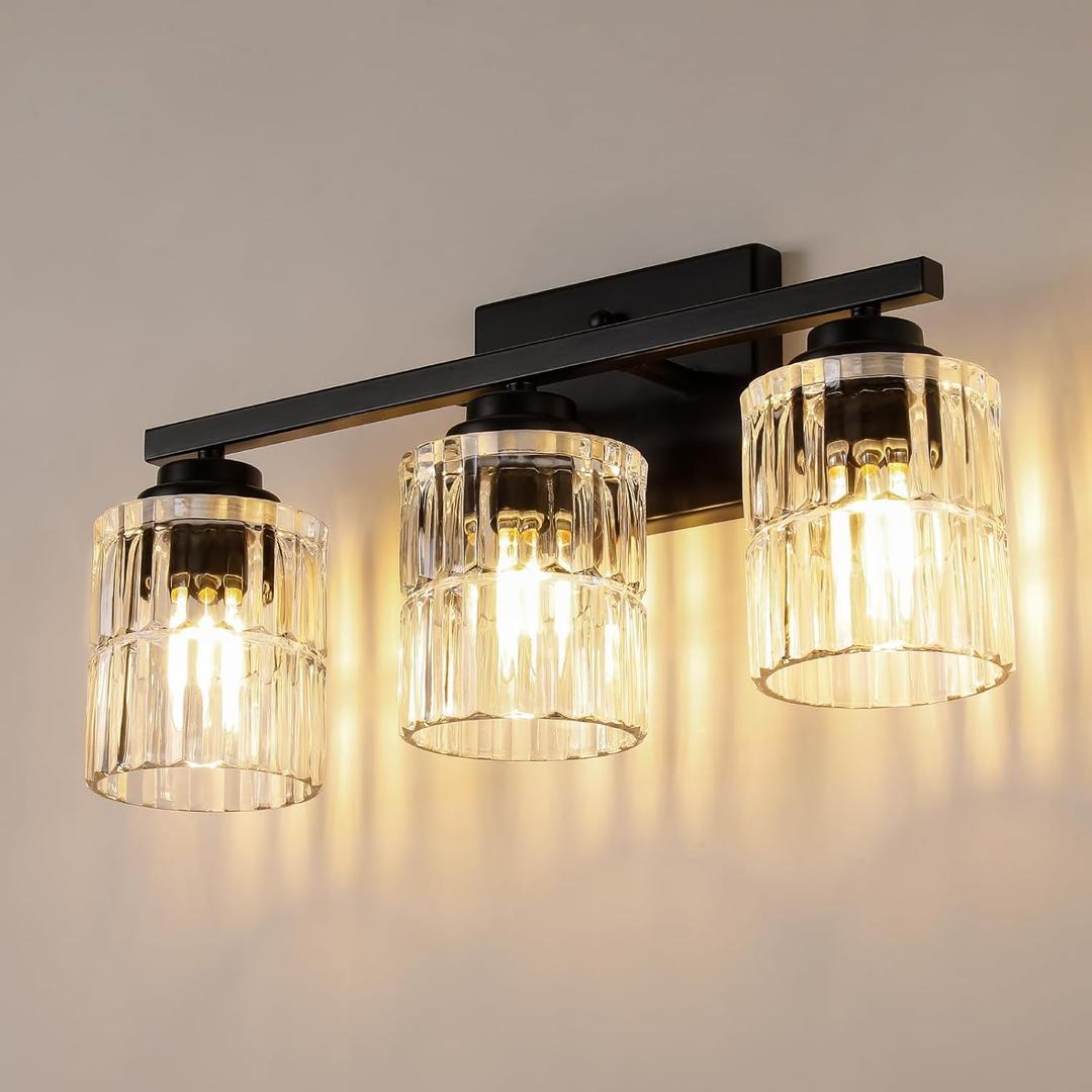 TALOYA 19 Inch Bathroom Light Fixtures,Modern 3-Light Brushed Black Vanity Lights with Wide Vertical Ribbed Thickened Glass Shade Wall Sconces for Mirror Makeup Room HallwayBulbs Not Included