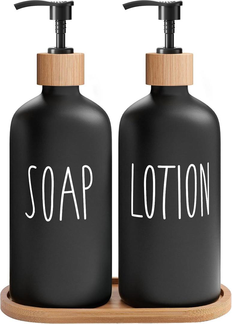 MOMEEMO Black Soap Dispenser Bathroom Set, Hand Soap and Lotion Set Suitable for Bathroom Decor. (Black) (Sl Black & Tray)