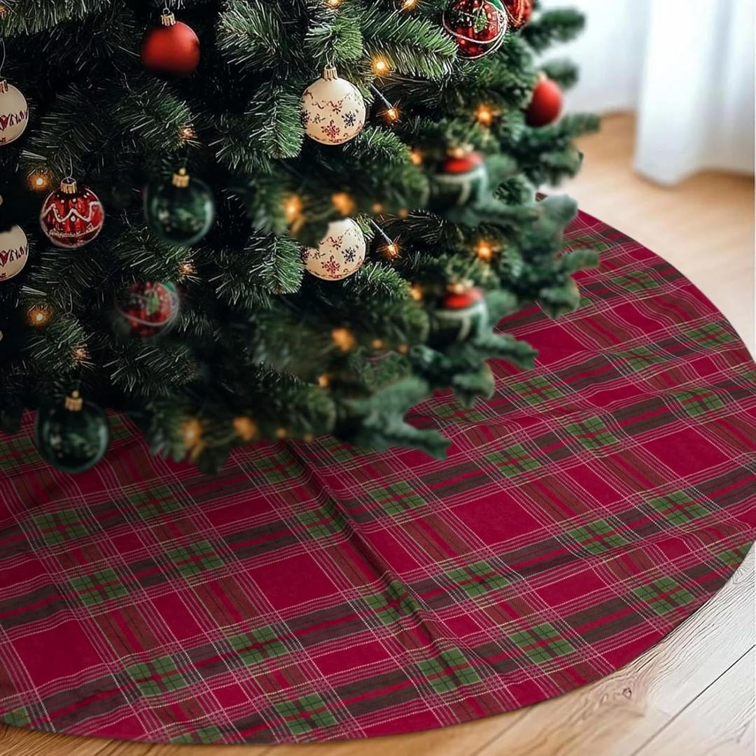 30 Inch Christmas Tree Skirt Mat Short Plush Red Xmas Tree Skirts for Indoor Outdoor Christmas Tree Decoration(Red & Green Plaid)