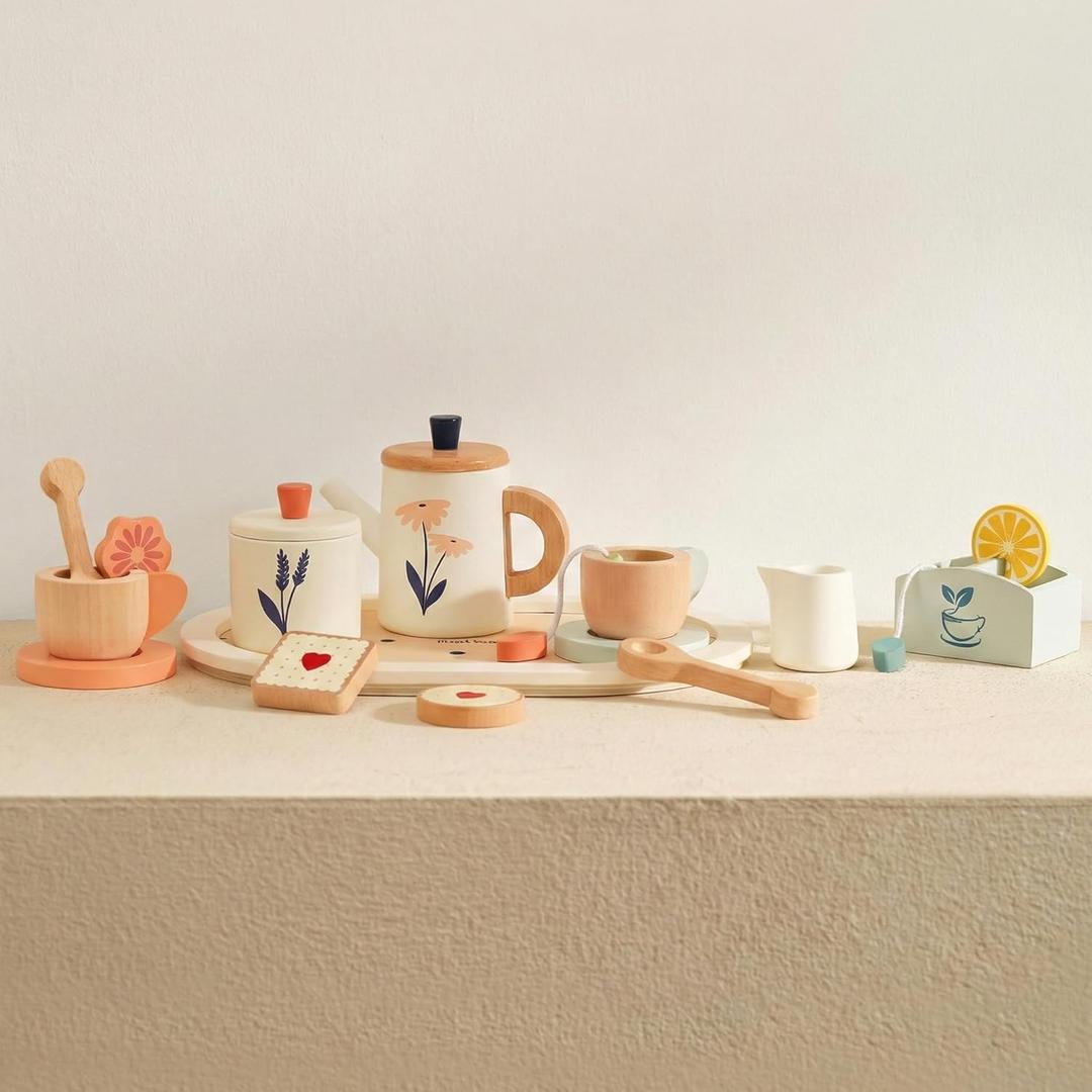 PairPear Wooden Tea Set for Kids, 19-Piece Pretend Tea Time Play Set with Tray, Wooden Tea Toys for Toddlers & Preschool Kids Ages 3+