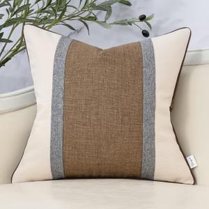 Yangest Patchwork Pillow Cover 20x20 Inch Luxury Cotton and Linen Cushion Cover Square Pillow cover for Couch Bedroom Living Room, Brown