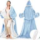 Wearable Heated Blanket with Foot Pocket, Electric Wearable Throw Blanket with Sleeves, Hood, Portable Heated Blanket with 8 Heat Settings, 1-10 Hours Auto Shut-off, Gift for Family, Friends, 50*70" (Light Blue)