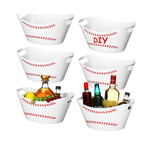 6 Pcs White Baseball Plastic Ice Bucket Drink Cooler Bulk 4.5l Oval Storage Basket Tub with Handles for Summer Sport Birthday Party Decoration Supplies