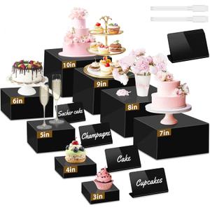 8Pcs Buffet Risers, Large Food Risers for Buffet Table, Acrylic Cube Boxes Display Nesting Risers with Hollow Bottoms, Dessert Cake Display Stand Riser Set for Party Jewelry Collectibles Black (3",4",5",6",7",8",9",10")