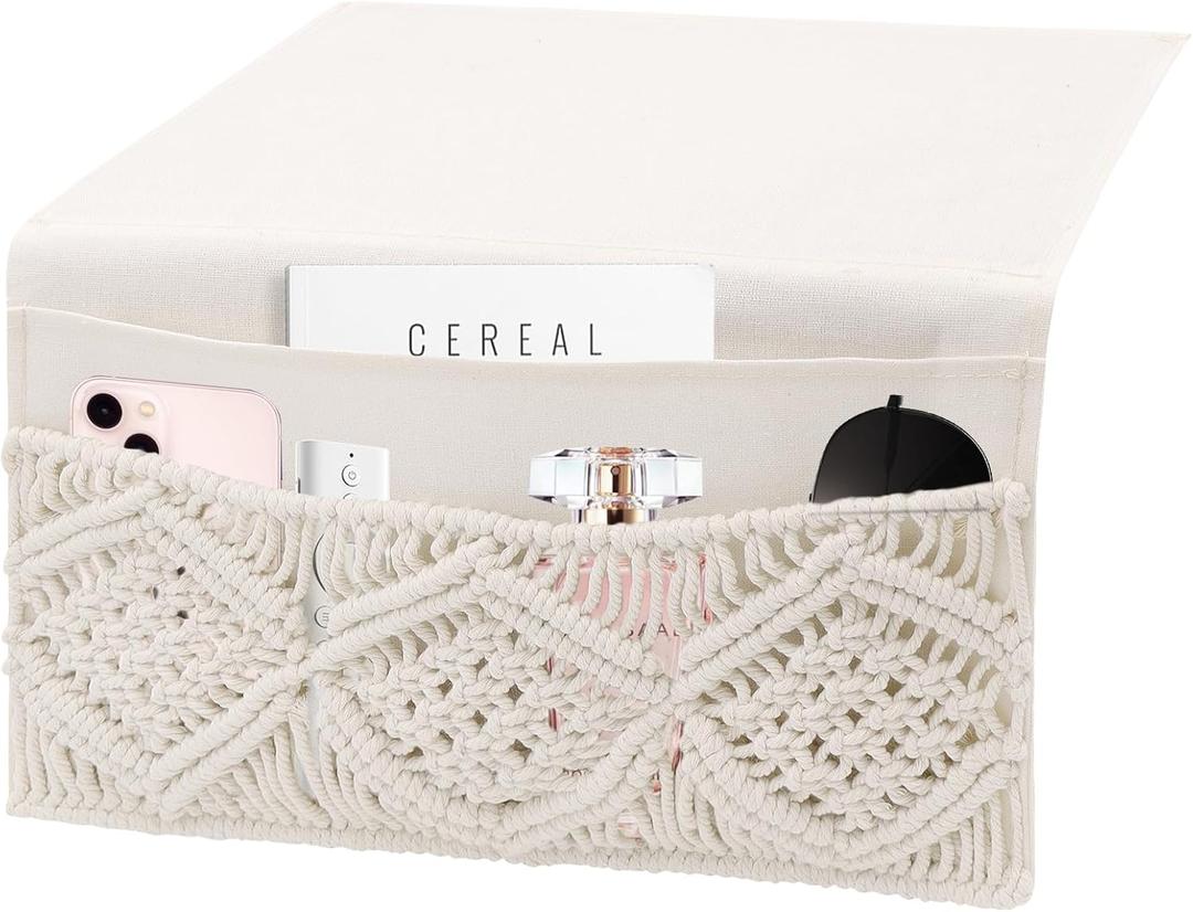 2Pcs Macrame Bedside Caddy Bedside Storage Organizer Basket Bed Hanging Bag Boho Remote Control Holder Table Cabinet Caddy Sofa Armrest Bag Magazine Holder for Home Bedroom Living Room Dorm Bed