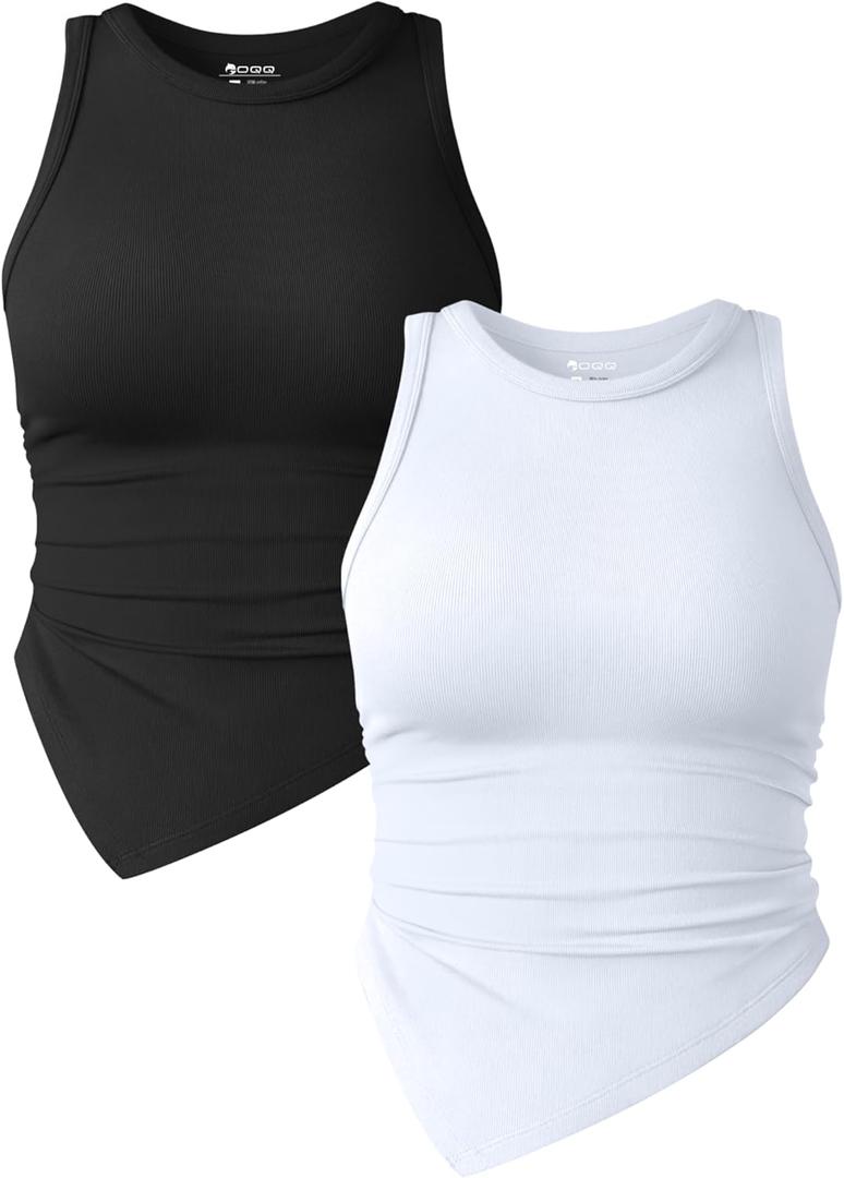 OQQ Women's 2 Piece Tank Tops Ruched Crew Neck Sleeveless Basic Stretch Tee Shirts (X-Large, Black,white)