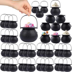 TOAPER 48 PCS Halloween Mini Cauldrons, Black Plastic Cauldron with Handle, Halloween Mini Cauldrons Party Favors, Candy Cauldron Kettles