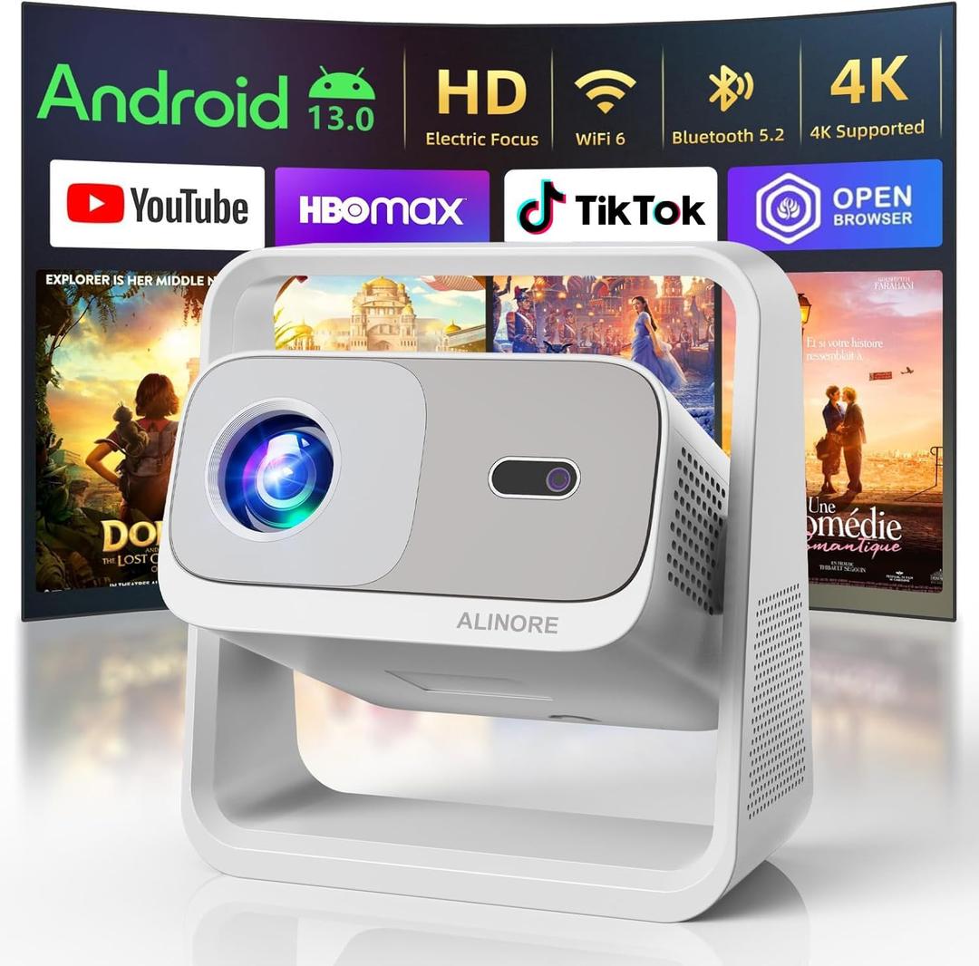 Smart Projector with WiFi and Bluetooth, Built-in Apps, Electric Focus & Auto Keystone Portable Outdoor Projecor, Native 1080P Projector 4K Support, Movie Projector for Home Theater, White