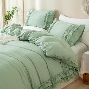 Bedorm Sage Green Ruffled Duvet Cover Queen Size Bedding Set Pleated Lace Ruffle Shabby Chic Bedroom Decor Extra Soft Cozy Farmhouse Country Style Duvet Cover Sets