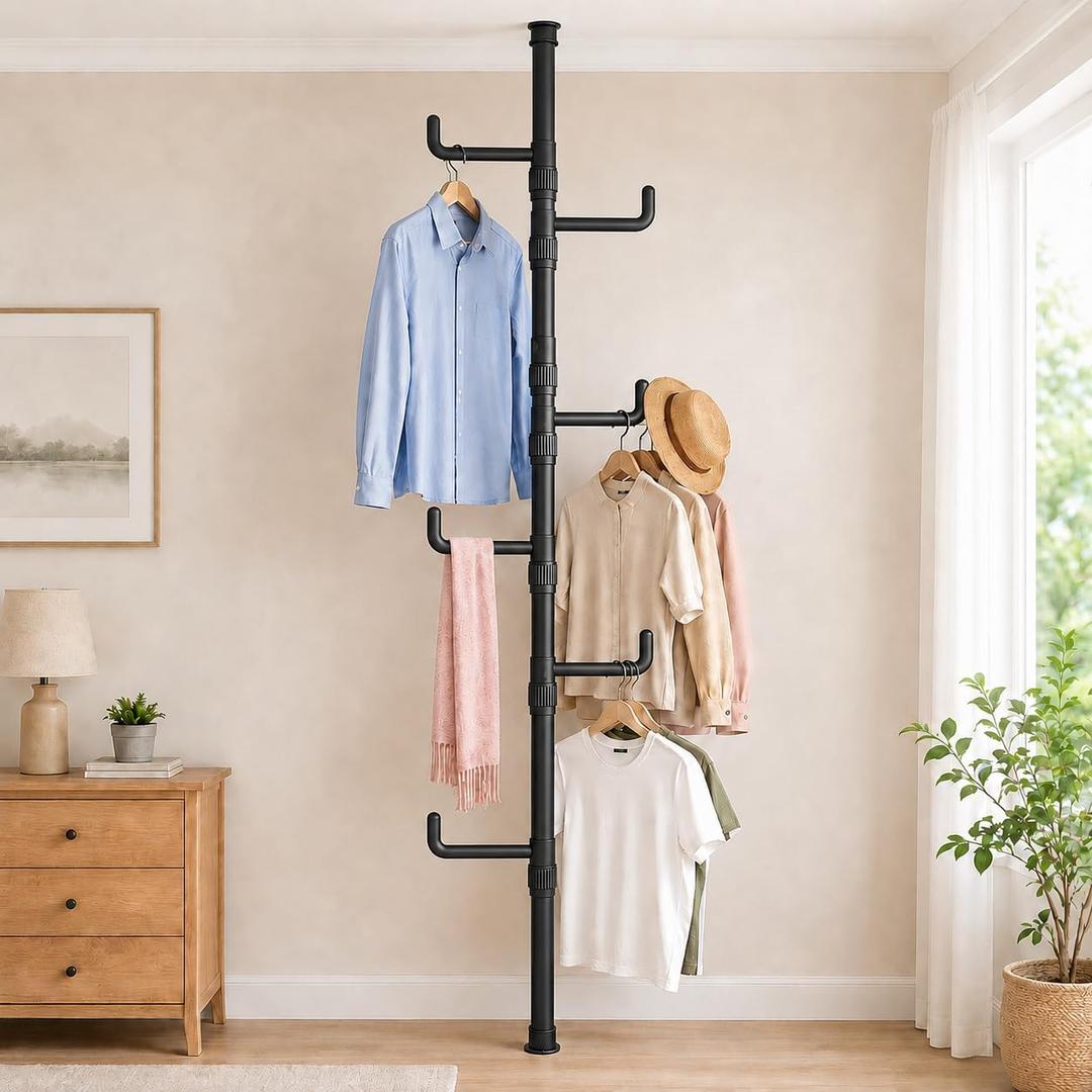 Floor to Ceiling Clothes Drying Rack, Adjustable Tension Pole Laundry Rack for Balcony. Vertical Coat Hanger Stand for Bathroom Bedroom, No Drilling Easy Install Space Saving (Black), Large