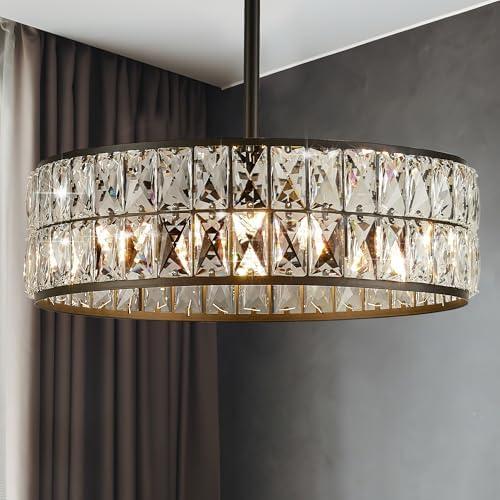 Salaiwei 16” 4-Light Modern Crystal Chandeliers Black Dinning Room Light Fixture with Two Rods, Round Pendant Light Kitchen Island Chandelier, Flush Mount Ceiling Light for Living Room Entryway
