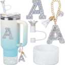 Letter Charms for Stanley Cup Handle,Silicone Boot Accessories Charms for Stanley Cup 40oz 30oz,Crown Straw Cover Topper & Diamond Sticker (A)