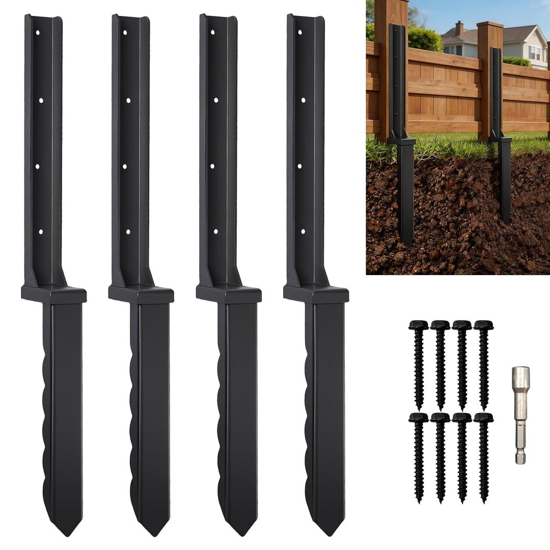 Fence Post Repair Kit 4 Pcs,30" Heavy Duty Fence Post Stake Spike with Black Powder-Coated,Thickened Anchor Ground Spike for Repair Tilted/Broken Wood Post