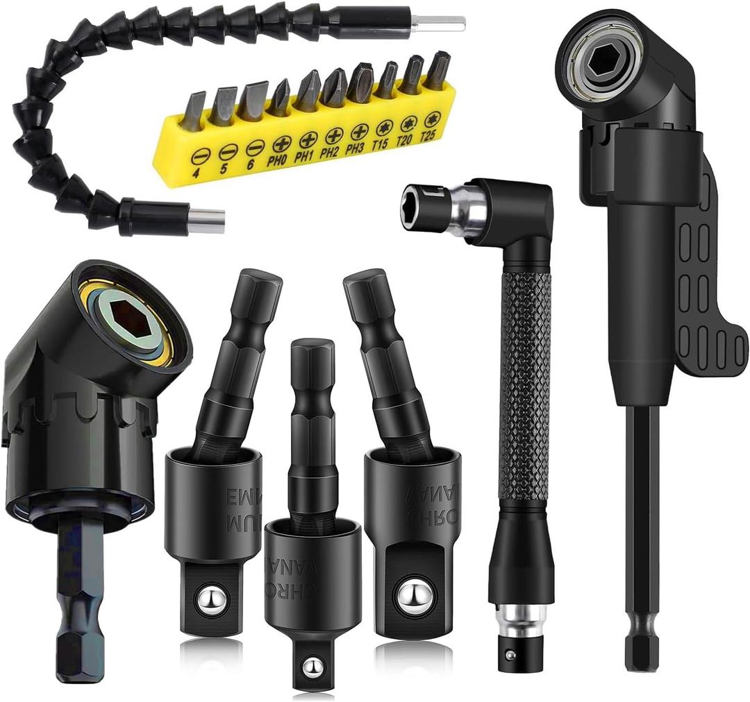 17Pcs Flexible Drill Bit Extension, Include 3Pcs Rotatable Socket Adapter 2Pcs Hex Shank 105 Right Angle Drill Attachment 10 Short Screwdriver Bits 90 Angled Bits and Bendable Extension Black