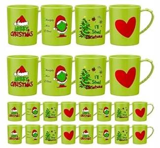 Suclain 24 Pcs Christmas Plastic Mugs Bulk Lime Green Xmas Cups 15 oz with Handle I'll Steal Christmas Cups Santa Xmas Trees Holiday Mugs for Winter Party Supplies