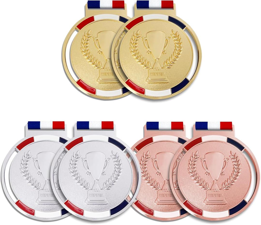 6PCS Gold Silver Bronze Award Medals with Ribbon, 3'' Winner Awards Olympic Style Medal for Kids School Sports Meeting Sports Events or Celebration Souvenir