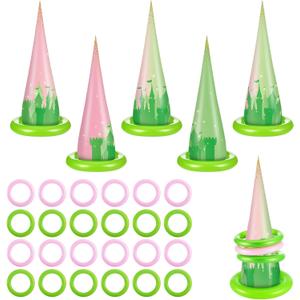 Jenaai 30 Pcs 6 Set Pink and Green Color Inflatable Hat Ring Toss Witch Party Favors Carnival Supply Include 6 Cones 24 Toss Rings for Pink and Green Themed Party Supplies Decoration