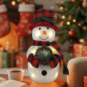 Christmas Lighted Snowman, 12" With Wreath Table Decorations, Red Black Plaid Xmas Decor for Home Kitchen Holiday Party