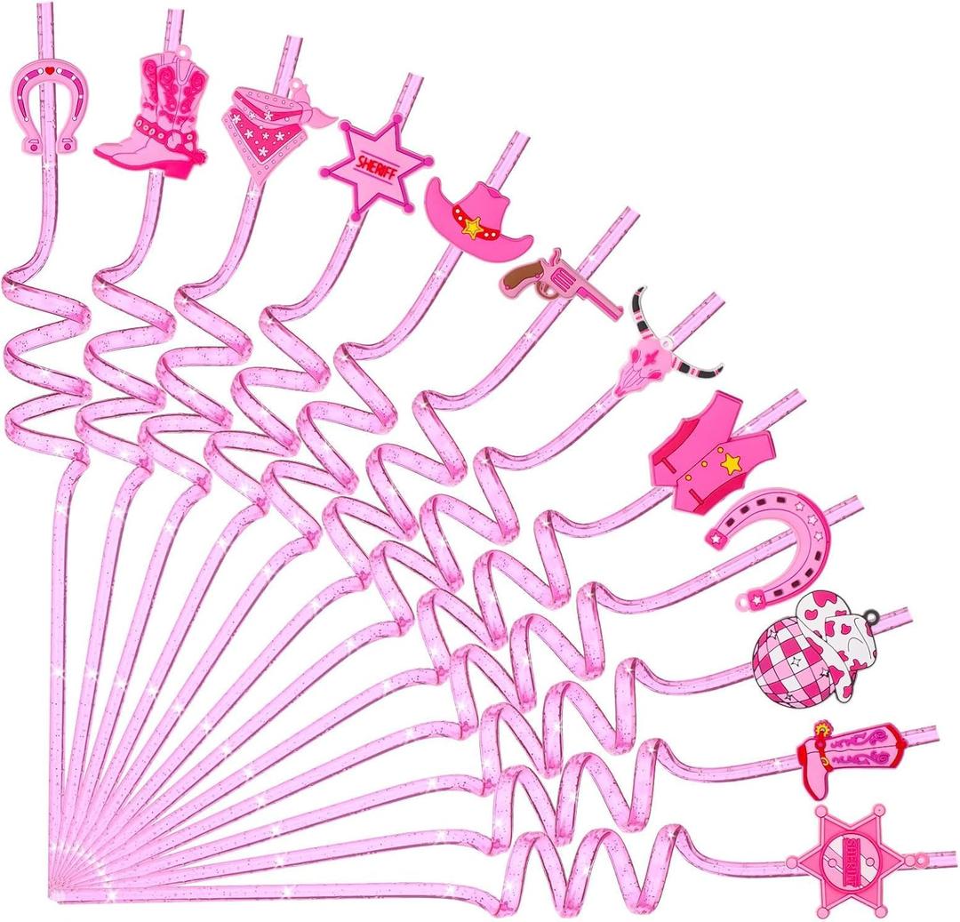 24 Pack ‌Pink Cowgirl Straws Reusable Western Party Straws for Bachelorette Birthday Cowboy Theme Decor Cocktail Straw 10.5" Plastic Drinking Straws with Fun Cowgirl Hats Boots