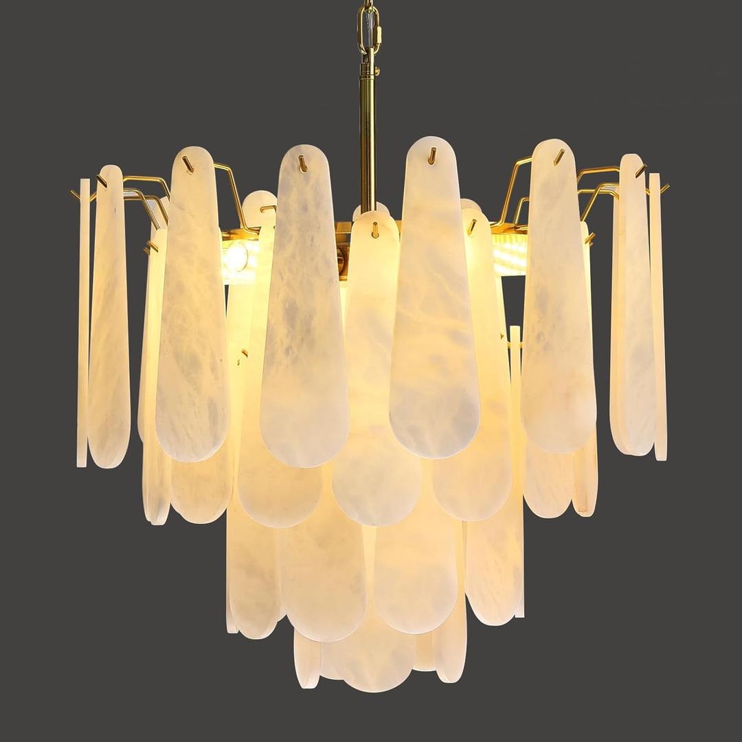 Alabaster Round Chandelier, 22" 43 PCS Natural Spanish Marble Stone Chandelier, 4-Tiers Modern Luxury Brass Alabaster Chandeliers for Dining Room, Living Room, Bedroom, Bathroom, Entryway, Foyer