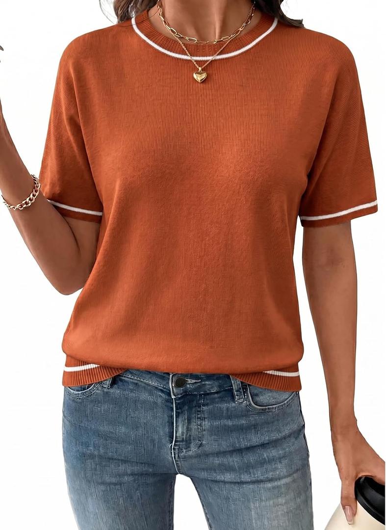 SHEWIN Womens Tops Trendy Short Sleeve Shirts Crewneck Lightweight Knit Sweater Top Business Casual Outfits (M)