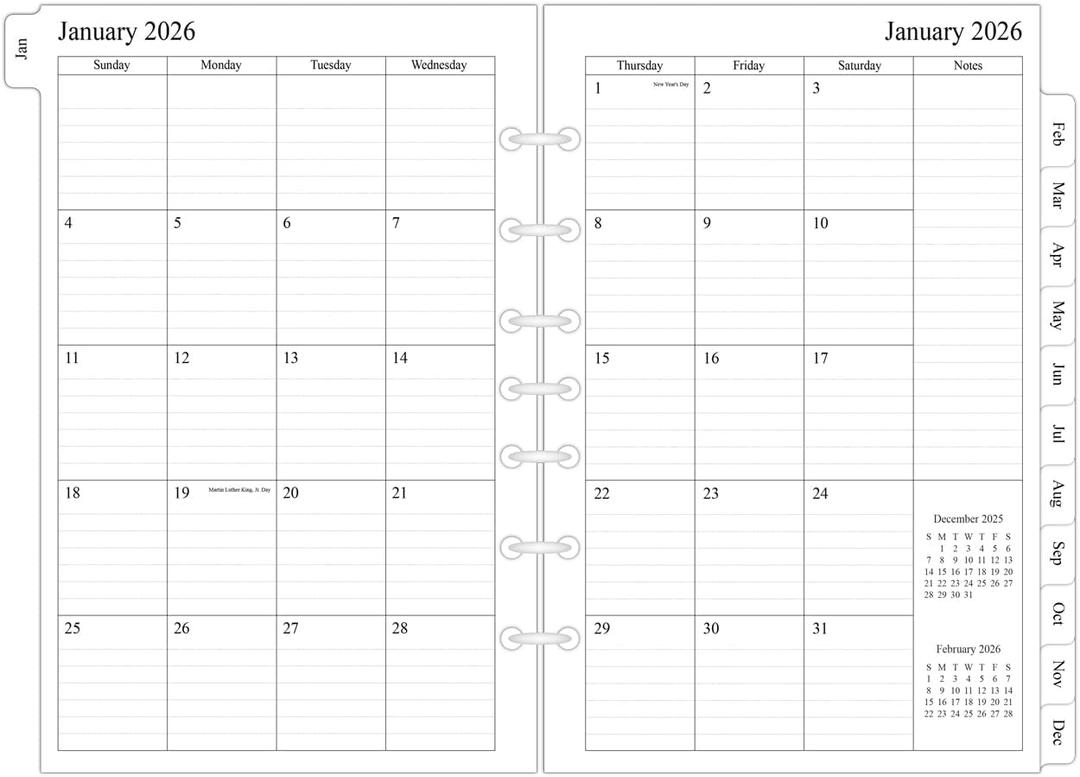 newestor 2026 Monthly Planner Refills 5.5" x 8.5" for Mini Binder, 12 Months from Jan 2026 to Dec 2026, Desk Size
