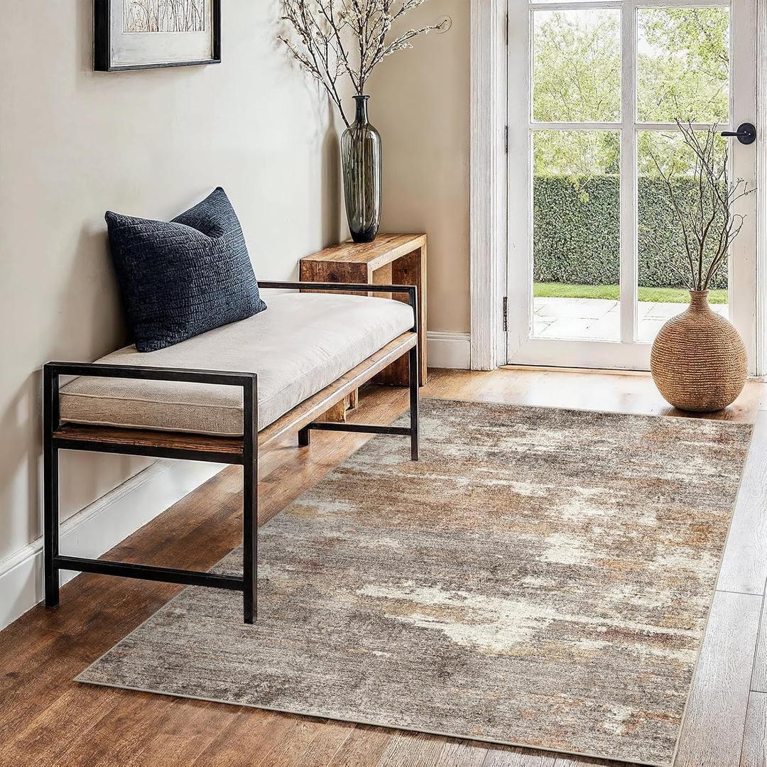 3x4 Washable Entryway Area Rug: Modern Abstract Small Runner Rug for Hallway Soft Non Slip Door Mat with Rubber Backing Low Pile Thin Floor Carpet for Kitchen Bathroom Bedroom Indoor 3x4 Brown/Brick