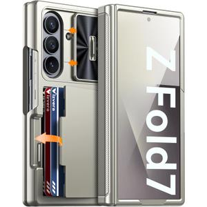 Vizvera for Samsung Galaxy Z Fold 7 Case RFID Wallet with Cards Holder [Hinge Cover] [Camera Cover] Shockproof Silicone Protective Phone Case for Z Fold 7 2025-Natural Titanium