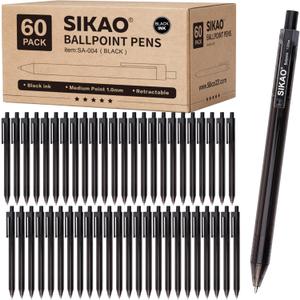Black Pens Bulk, 60 Pack Retractable Ballpoint Pens, Black Ink 1.0mm Medium Point, Smooth Writing No-Smear, Click Pens for Teachers, Students, Restaurant Servers School & Office Supplies