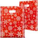 FloraSea 100 Pack Christmas Bags Bulk, 12 x 15 Inches Snowflakes Merchandise Bags Plastic Gift Bags with Handles Reusable Retail Shopping Goodie Bags for Christmas Party Favor Supplies and Business